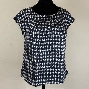 VTG Talbots 100% Silk Blouse 10 Houndstooth Short Cap Sleeve Career Lightweight